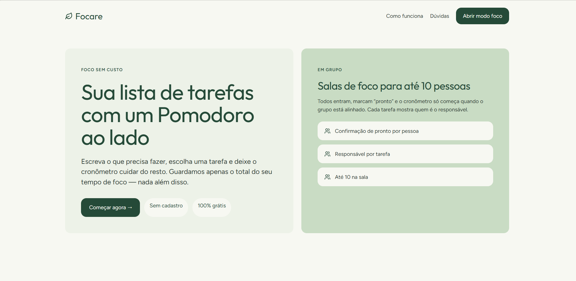 Página do Focare com cronômetro e salas de foco