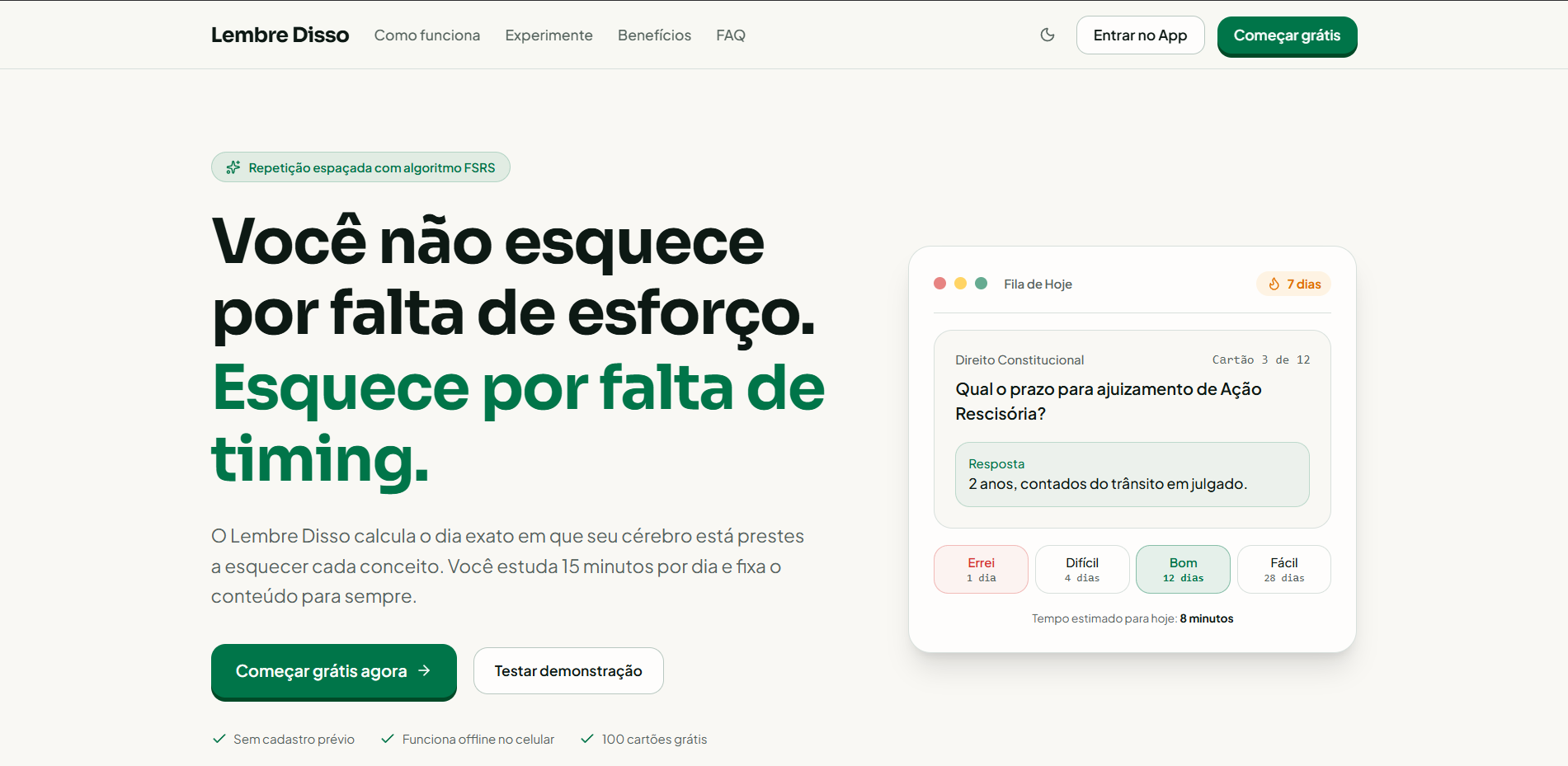 Interface do LembreDisso com cartão de estudo e opções de revisão