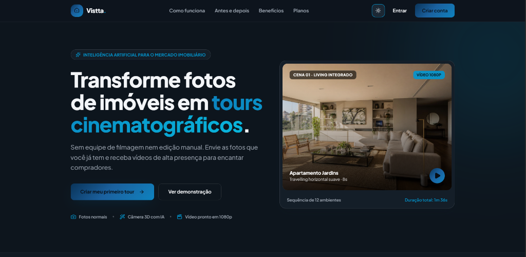 Interface do Vistta com criação de tours imobiliários cinematográficos com inteligência artificial
